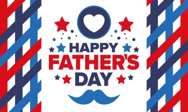 Babalar Günün kutlu olsun. Onurlu babalar. Haziranda güzel bir kutlama. En tatlı aile tatili. Parti etkinliği. Bıyık ve kalp. Mavi renk. Yaratıcı sanat posteri. Vektör tasarımı