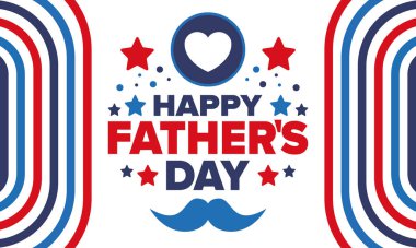 Babalar Günün kutlu olsun. Onurlu babalar. Haziranda güzel bir kutlama. En tatlı aile tatili. Parti etkinliği. Bıyık ve kalp. Mavi renk. Yaratıcı sanat posteri. Vektör tasarımı