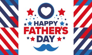 Babalar Günün kutlu olsun. Onurlu babalar. Haziranda güzel bir kutlama. En tatlı aile tatili. Parti etkinliği. Bıyık ve kalp. Mavi renk. Yaratıcı sanat posteri. Vektör tasarımı