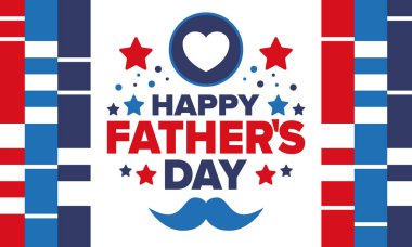 Babalar Günün kutlu olsun. Onurlu babalar. Haziranda güzel bir kutlama. En tatlı aile tatili. Parti etkinliği. Bıyık ve kalp. Mavi renk. Yaratıcı sanat posteri. Vektör tasarımı