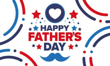 Babalar Günün kutlu olsun. Onurlu babalar. Haziranda güzel bir kutlama. En tatlı aile tatili. Parti etkinliği. Bıyık ve kalp. Mavi renk. Yaratıcı sanat posteri. Vektör tasarımı