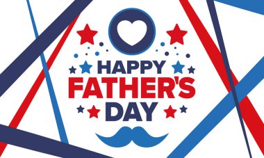 Babalar Günün kutlu olsun. Onurlu babalar. Haziranda güzel bir kutlama. En tatlı aile tatili. Parti etkinliği. Bıyık ve kalp. Mavi renk. Yaratıcı sanat posteri. Vektör tasarımı