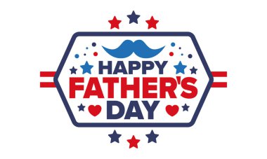 Babalar Günün kutlu olsun. Onurlu babalar. Haziranda güzel bir kutlama. En tatlı aile tatili. Parti etkinliği. Bıyık ve kalp. Mavi renk. Yaratıcı sanat posteri. Vektör tasarımı