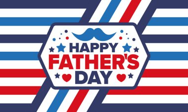 Babalar Günün kutlu olsun. Onurlu babalar. Haziranda güzel bir kutlama. En tatlı aile tatili. Parti etkinliği. Bıyık ve kalp. Mavi renk. Yaratıcı sanat posteri. Vektör tasarımı