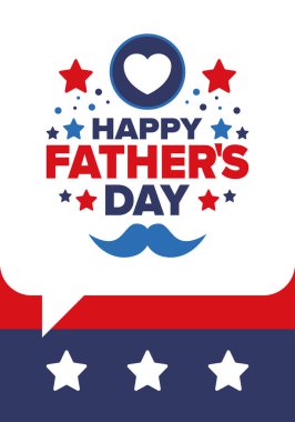 Babalar Günün kutlu olsun. Onurlu babalar. Haziranda güzel bir kutlama. En tatlı aile tatili. Parti etkinliği. Bıyık ve kalp. Mavi renk. Yaratıcı sanat posteri. Vektör tasarımı