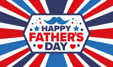 Babalar Günün kutlu olsun. Onurlu babalar. Haziranda güzel bir kutlama. En tatlı aile tatili. Parti etkinliği. Bıyık ve kalp. Mavi renk. Yaratıcı sanat posteri. Vektör tasarımı