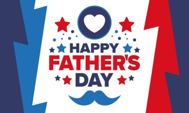 Babalar Günün kutlu olsun. Onurlu babalar. Haziranda güzel bir kutlama. En tatlı aile tatili. Parti etkinliği. Bıyık ve kalp. Mavi renk. Yaratıcı sanat posteri. Vektör tasarımı