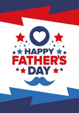 Babalar Günün kutlu olsun. Onurlu babalar. Haziranda güzel bir kutlama. En tatlı aile tatili. Parti etkinliği. Bıyık ve kalp. Mavi renk. Yaratıcı sanat posteri. Vektör tasarımı