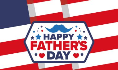 Babalar Günün kutlu olsun. Onurlu babalar. Haziranda güzel bir kutlama. En tatlı aile tatili. Parti etkinliği. Bıyık ve kalp. Mavi renk. Yaratıcı sanat posteri. Vektör tasarımı