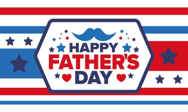 Babalar Günün kutlu olsun. Onurlu babalar. Haziranda güzel bir kutlama. En tatlı aile tatili. Parti etkinliği. Bıyık ve kalp. Mavi renk. Yaratıcı sanat posteri. Vektör tasarımı