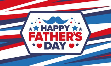 Babalar Günün kutlu olsun. Onurlu babalar. Haziranda güzel bir kutlama. En tatlı aile tatili. Parti etkinliği. Bıyık ve kalp. Mavi renk. Yaratıcı sanat posteri. Vektör tasarımı