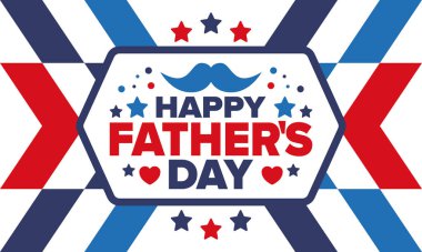 Babalar Günün kutlu olsun. Onurlu babalar. Haziranda güzel bir kutlama. En tatlı aile tatili. Parti etkinliği. Bıyık ve kalp. Mavi renk. Yaratıcı sanat posteri. Vektör tasarımı