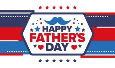 Babalar Günün kutlu olsun. Onurlu babalar. Haziranda güzel bir kutlama. En tatlı aile tatili. Parti etkinliği. Bıyık ve kalp. Mavi renk. Yaratıcı sanat posteri. Vektör tasarımı