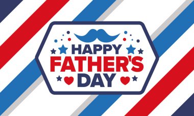 Babalar Günün kutlu olsun. Onurlu babalar. Haziranda güzel bir kutlama. En tatlı aile tatili. Parti etkinliği. Bıyık ve kalp. Mavi renk. Yaratıcı sanat posteri. Vektör tasarımı