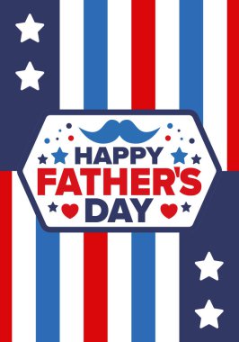 Babalar Günün kutlu olsun. Onurlu babalar. Haziranda güzel bir kutlama. En tatlı aile tatili. Parti etkinliği. Bıyık ve kalp. Mavi renk. Yaratıcı sanat posteri. Vektör tasarımı