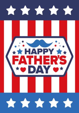 Babalar Günün kutlu olsun. Onurlu babalar. Haziranda güzel bir kutlama. En tatlı aile tatili. Parti etkinliği. Bıyık ve kalp. Mavi renk. Yaratıcı sanat posteri. Vektör tasarımı