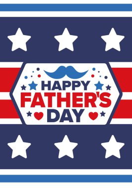 Babalar Günün kutlu olsun. Onurlu babalar. Haziranda güzel bir kutlama. En tatlı aile tatili. Parti etkinliği. Bıyık ve kalp. Mavi renk. Yaratıcı sanat posteri. Vektör tasarımı