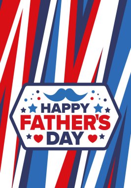 Babalar Günün kutlu olsun. Onurlu babalar. Haziranda güzel bir kutlama. En tatlı aile tatili. Parti etkinliği. Bıyık ve kalp. Mavi renk. Yaratıcı sanat posteri. Vektör tasarımı