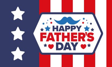 Babalar Günün kutlu olsun. Onurlu babalar. Haziranda güzel bir kutlama. En tatlı aile tatili. Parti etkinliği. Bıyık ve kalp. Mavi renk. Yaratıcı sanat posteri. Vektör tasarımı