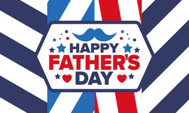 Babalar Günün kutlu olsun. Onurlu babalar. Haziranda güzel bir kutlama. En tatlı aile tatili. Parti etkinliği. Bıyık ve kalp. Mavi renk. Yaratıcı sanat posteri. Vektör tasarımı