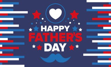 Babalar Günün kutlu olsun. Onurlu babalar. Haziranda güzel bir kutlama. En tatlı aile tatili. Parti etkinliği. Bıyık ve kalp. Mavi renk. Yaratıcı sanat posteri. Vektör tasarımı