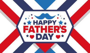 Babalar Günün kutlu olsun. Onurlu babalar. Haziranda güzel bir kutlama. En tatlı aile tatili. Parti etkinliği. Bıyık ve kalp. Mavi renk. Yaratıcı sanat posteri. Vektör tasarımı