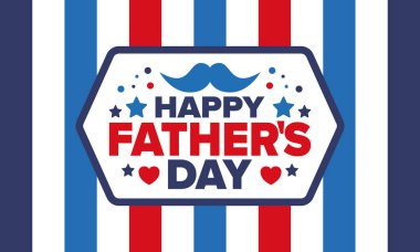 Babalar Günün kutlu olsun. Onurlu babalar. Haziranda güzel bir kutlama. En tatlı aile tatili. Parti etkinliği. Bıyık ve kalp. Mavi renk. Yaratıcı sanat posteri. Vektör tasarımı