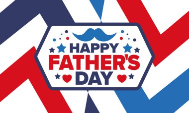 Babalar Günün kutlu olsun. Onurlu babalar. Haziranda güzel bir kutlama. En tatlı aile tatili. Parti etkinliği. Bıyık ve kalp. Mavi renk. Yaratıcı sanat posteri. Vektör tasarımı