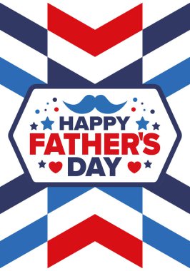 Babalar Günün kutlu olsun. Onurlu babalar. Haziranda güzel bir kutlama. En tatlı aile tatili. Parti etkinliği. Bıyık ve kalp. Mavi renk. Yaratıcı sanat posteri. Vektör tasarımı