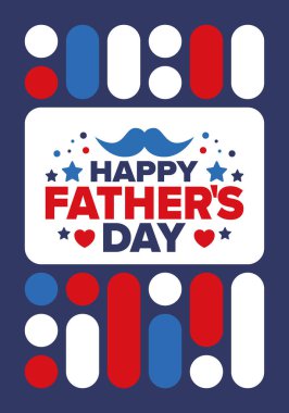 Babalar Günün kutlu olsun. Onurlu babalar. Haziranda güzel bir kutlama. En tatlı aile tatili. Parti etkinliği. Bıyık ve kalp. Mavi renk. Yaratıcı sanat posteri. Vektör tasarımı