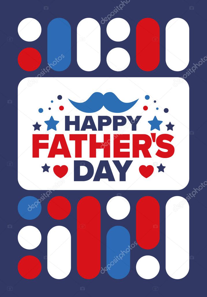 Happy Fathers Day. Honoring dads. Lovely celebration in June. Sweetest family holiday. Party event. Mustache and heart. Blue color. Creative art poster. Vector design