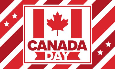 Kanada Günü. Ulusal bayramın kutlu olsun, her yıl 1 Temmuz 'da kutlanıyor. Kanada bayrağı. Akçaağaç yaprağı. Vatanseverlik sembolü ve unsurları. Poster, kart, afiş ve geçmiş. Vektör illüstrasyonu