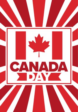 Kanada Günü. Ulusal bayramın kutlu olsun, her yıl 1 Temmuz 'da kutlanıyor. Kanada bayrağı. Akçaağaç yaprağı. Vatanseverlik sembolü ve unsurları. Poster, kart, afiş ve geçmiş. Vektör illüstrasyonu