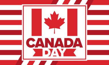 Kanada Günü. Ulusal bayramın kutlu olsun, her yıl 1 Temmuz 'da kutlanıyor. Kanada bayrağı. Akçaağaç yaprağı. Vatanseverlik sembolü ve unsurları. Poster, kart, afiş ve geçmiş. Vektör illüstrasyonu