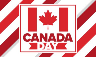 Kanada Günü. Ulusal bayramın kutlu olsun, her yıl 1 Temmuz 'da kutlanıyor. Kanada bayrağı. Akçaağaç yaprağı. Vatanseverlik sembolü ve unsurları. Poster, kart, afiş ve geçmiş. Vektör illüstrasyonu