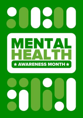 Mayıs 'ta Akıl Sağlığı Bilinci Ayı. Birleşik Devletler 'de yıllık kampanya. Akıl sağlığıyla ilgili farkındalığı arttırıyorum. Kontrol ve koruma. Önleme kampanyası. Tıbbi sağlık hizmeti tasarımı. Vektör illüstrasyonu