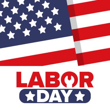 Mutlu İşçi Bayramı. Federal bayram, Amerika 'da yıllık kutlama. Amerikan işçi hareketi. Vatansever Amerikan unsurları. Poster, kart, afiş ve geçmiş. Vektör illüstrasyonu