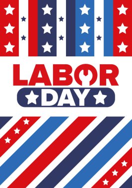 Mutlu İşçi Bayramı. Federal bayram, Amerika 'da yıllık kutlama. Amerikan işçi hareketi. Vatansever Amerikan unsurları. Poster, kart, afiş ve geçmiş. Vektör illüstrasyonu