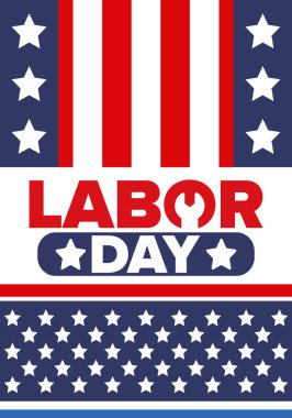 Mutlu İşçi Bayramı. Federal bayram, Amerika 'da yıllık kutlama. Amerikan işçi hareketi. Vatansever Amerikan unsurları. Poster, kart, afiş ve geçmiş. Vektör illüstrasyonu