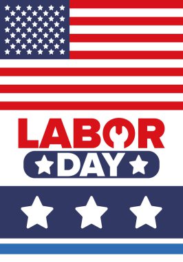 Mutlu İşçi Bayramı. Federal bayram, Amerika 'da yıllık kutlama. Amerikan işçi hareketi. Vatansever Amerikan unsurları. Poster, kart, afiş ve geçmiş. Vektör illüstrasyonu