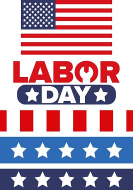 Mutlu İşçi Bayramı. Federal bayram, Amerika 'da yıllık kutlama. Amerikan işçi hareketi. Vatansever Amerikan unsurları. Poster, kart, afiş ve geçmiş. Vektör illüstrasyonu