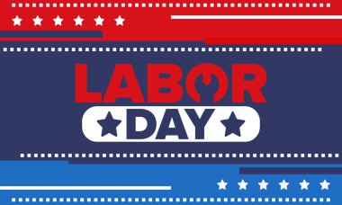 Mutlu İşçi Bayramı. Federal bayram, Amerika 'da yıllık kutlama. Amerikan işçi hareketi. Vatansever Amerikan unsurları. Poster, kart, afiş ve geçmiş. Vektör illüstrasyonu