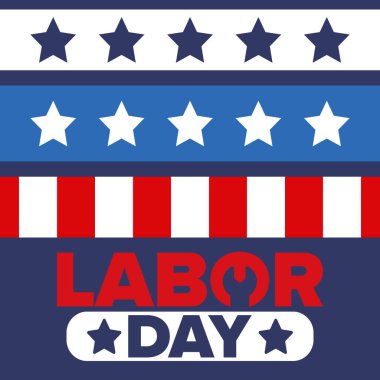 Mutlu İşçi Bayramı. Federal bayram, Amerika 'da yıllık kutlama. Amerikan işçi hareketi. Vatansever Amerikan unsurları. Poster, kart, afiş ve geçmiş. Vektör illüstrasyonu