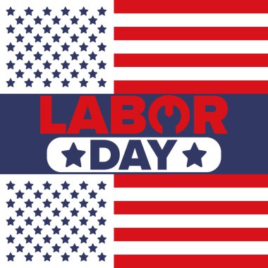 Mutlu İşçi Bayramı. Federal bayram, Amerika 'da yıllık kutlama. Amerikan işçi hareketi. Vatansever Amerikan unsurları. Poster, kart, afiş ve geçmiş. Vektör illüstrasyonu