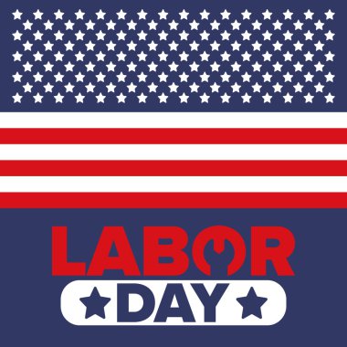 Mutlu İşçi Bayramı. Federal bayram, Amerika 'da yıllık kutlama. Amerikan işçi hareketi. Vatansever Amerikan unsurları. Poster, kart, afiş ve geçmiş. Vektör illüstrasyonu