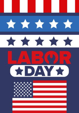 Mutlu İşçi Bayramı. Federal bayram, Amerika 'da yıllık kutlama. Amerikan işçi hareketi. Vatansever Amerikan unsurları. Poster, kart, afiş ve geçmiş. Vektör illüstrasyonu