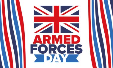 Birleşik Krallık 'ta Silahlı Kuvvetler Günü. Büyük Britanya bayrağı. Gaziler ve Anma Günü. Silahlı kuvvetleri onurlandırma tatili. İngiliz bayrağı. Ordu Günü. Yaratıcı sanat posteri. Vektör illüstrasyonu