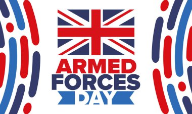 Birleşik Krallık 'ta Silahlı Kuvvetler Günü. Büyük Britanya bayrağı. Gaziler ve Anma Günü. Silahlı kuvvetleri onurlandırma tatili. İngiliz bayrağı. Ordu Günü. Yaratıcı sanat posteri. Vektör illüstrasyonu