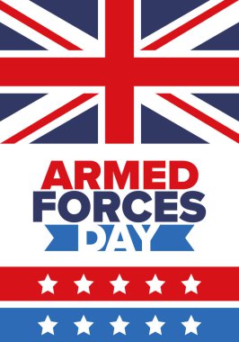 Birleşik Krallık 'ta Silahlı Kuvvetler Günü. Büyük Britanya bayrağı. Gaziler ve Anma Günü. Silahlı kuvvetleri onurlandırma tatili. İngiliz bayrağı. Ordu Günü. Yaratıcı sanat posteri. Vektör illüstrasyonu