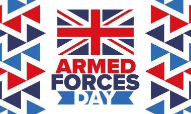 Birleşik Krallık 'ta Silahlı Kuvvetler Günü. Büyük Britanya bayrağı. Gaziler ve Anma Günü. Silahlı kuvvetleri onurlandırma tatili. İngiliz bayrağı. Ordu Günü. Yaratıcı sanat posteri. Vektör illüstrasyonu